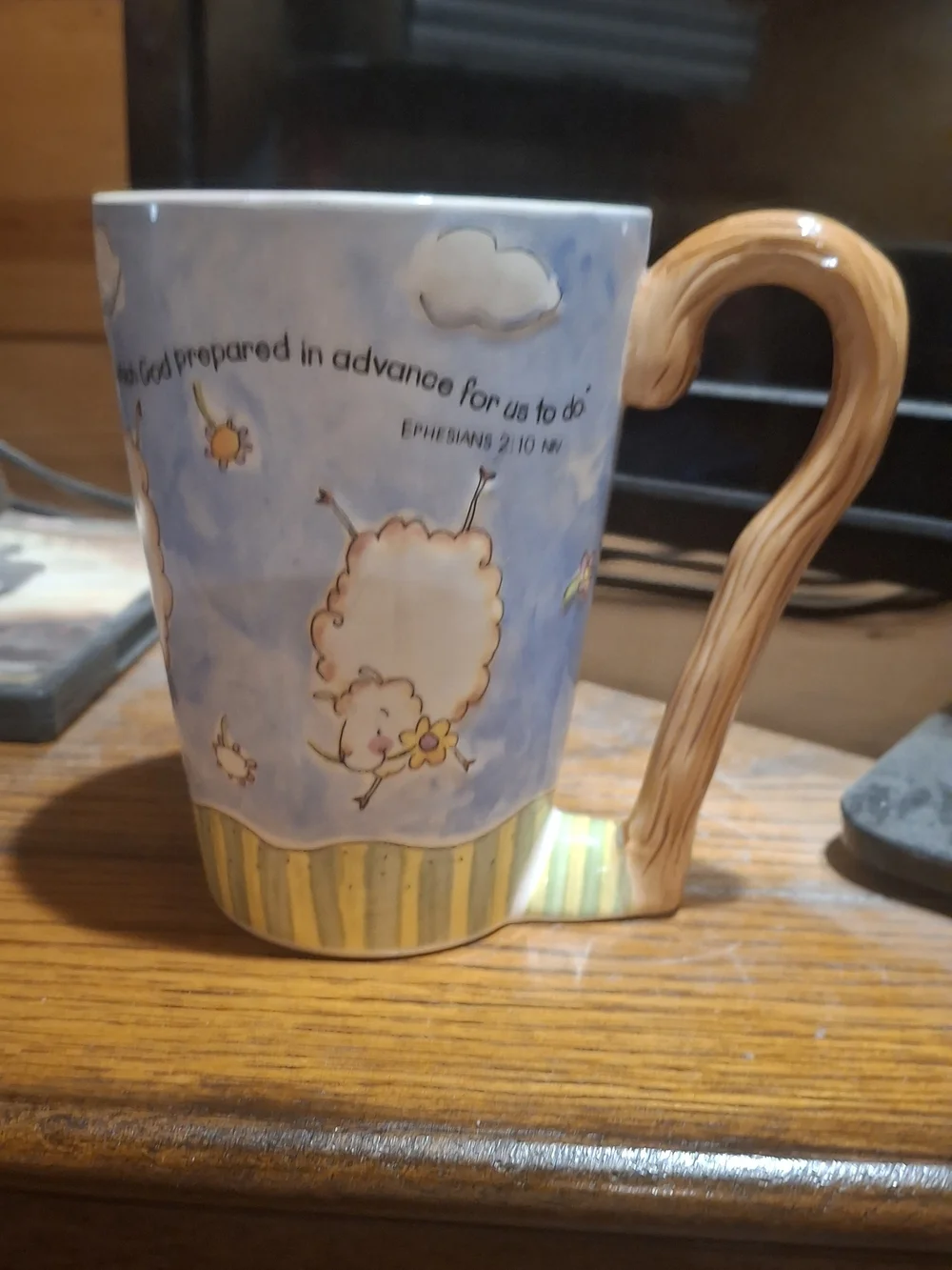 Whimsical Sheep Ceramic Mug in Light Blue and Cream With Scripture